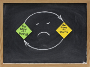 A chalkboard with post it notes and arrows pointing in a circle between them. The cycle starts with the same old thinking and the same old results. Learn how online anxiety therapy in Atlanta, GA can offer support with addressing health anxiety in Atlanta, GA. Search for anxiety therapist Atlanta, GA today. 